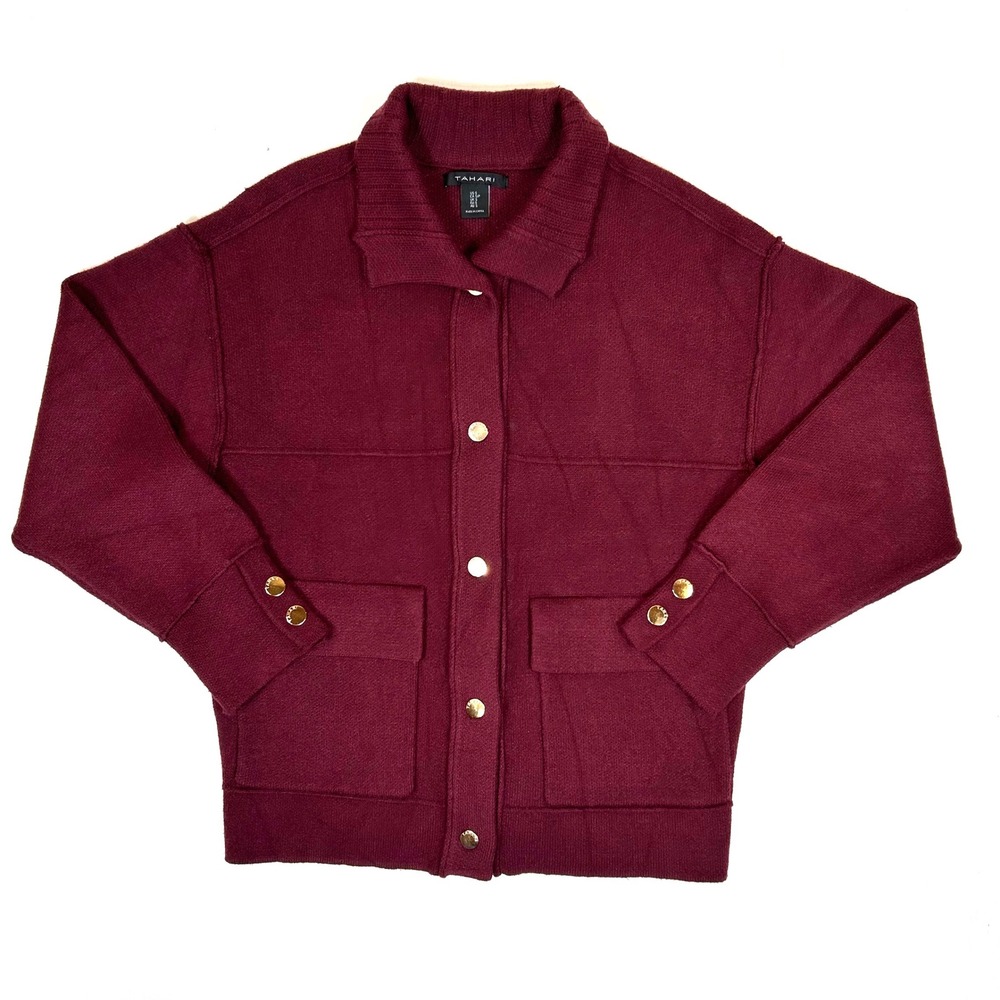 Tahari Womens Burgundy Knit Cardigan Jacket Gold Buttons Size S Pocketed Shacket